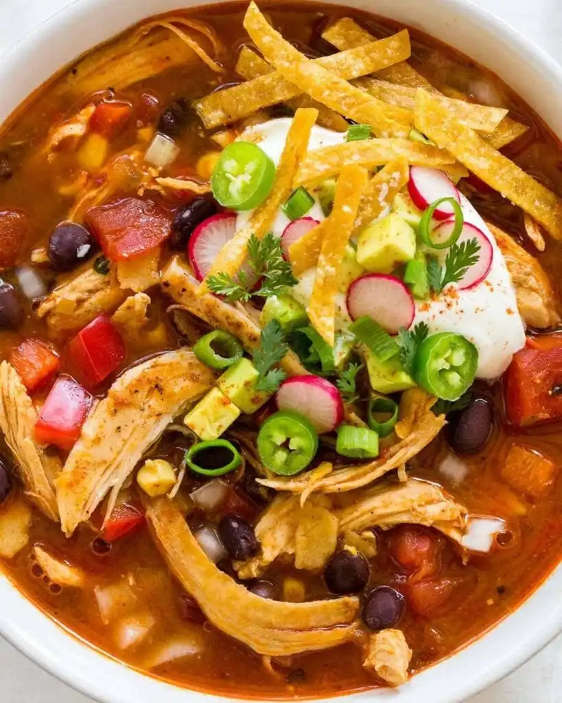 Black pot of red chicken tortilla soup with baked ghost shaped tortilla chips floating on top