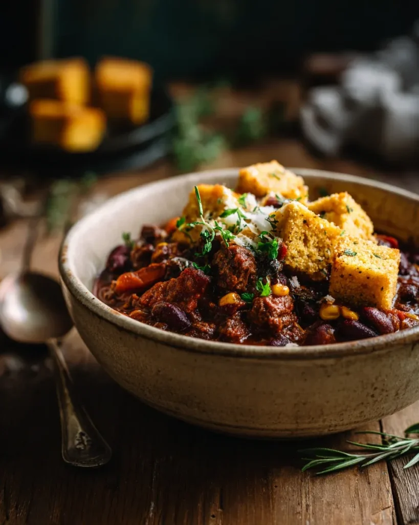 Spicy Devil’s Chili with Cornbread Tombstones