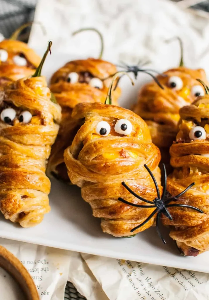 Smoked sausages wrapped in golden crescent dough strips with mustard eyes on a baking tray